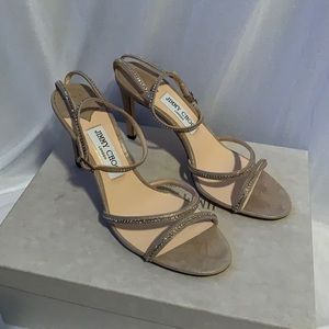 Brand New Jimmy Choo Lydia Heels Nude Shimmer Suede w/Crystals Size 39.5
